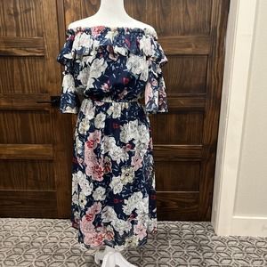 L Love Dress Women Medium Off The Shoulder Boutique Blue Floral‎ NWT